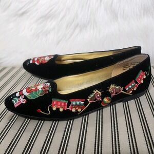 Vintage Monica Smith Christmas Shoes 7M Black Velvet Santa Claus Holiday Flats